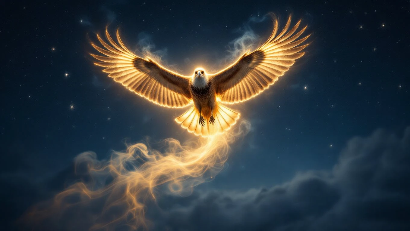 Ein Bussard mit leuchtenden Flügeln schwebt majestätisch durch den Nachthimmel.