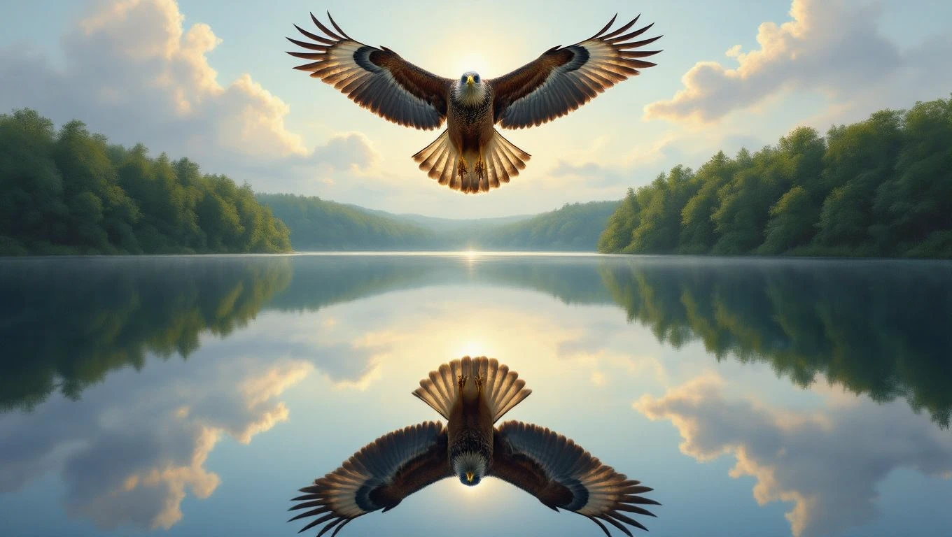 Ein Bussard schwebt majestätisch über einem ruhigen See, umgeben von Bäumen.