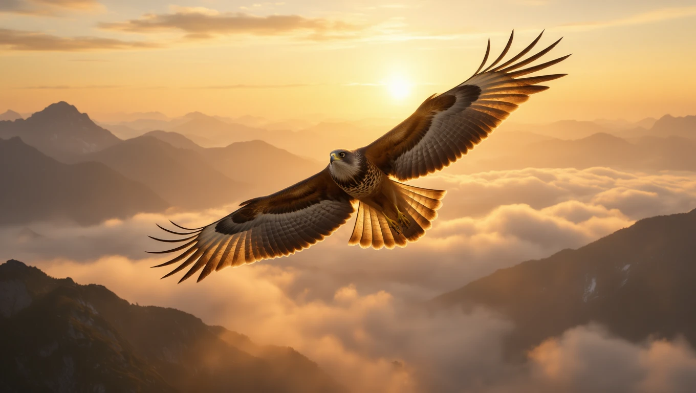 Ein Bussard schwebt majestätisch über den Bergen bei Sonnenuntergang.