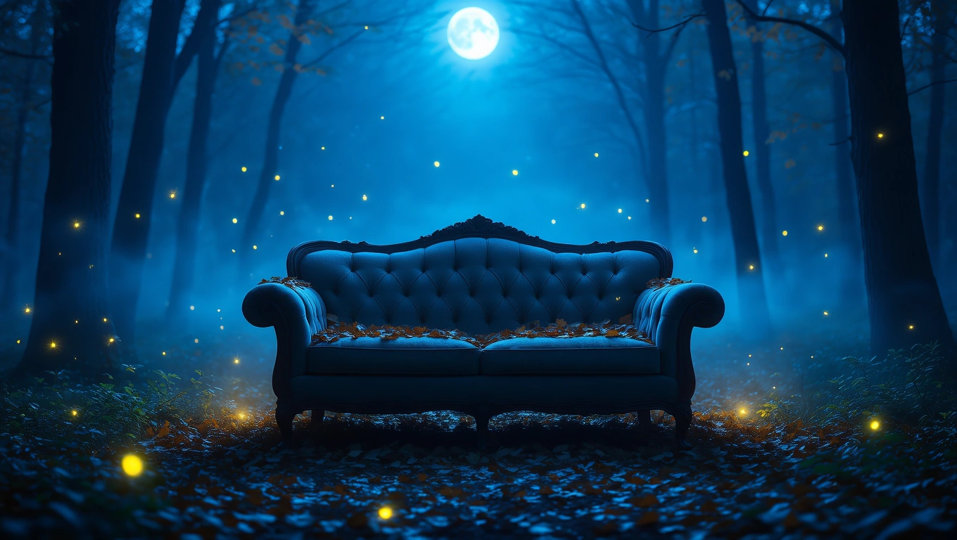 Eine elegante Couch steht im mystischen Wald unter dem Mondschein.