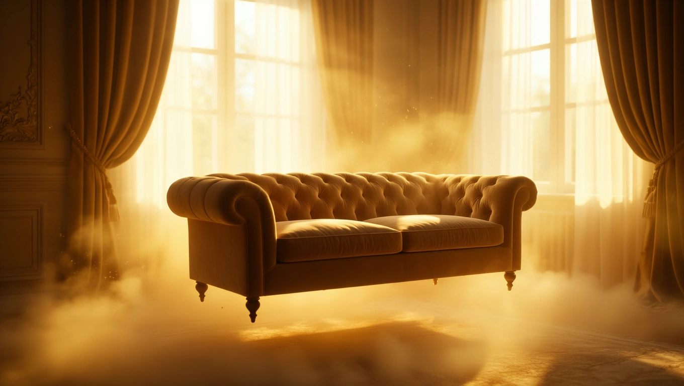 Ein elegantes, schwebendes Sofa in einem hellen Raum mit Vorhängen.