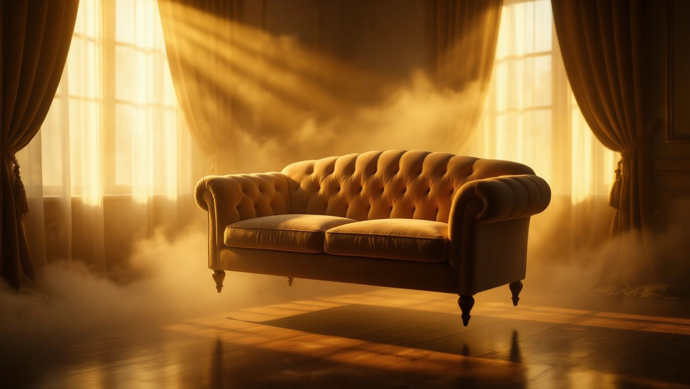 Ein elegantes Sofa in einem hellen Raum mit sanftem Licht und Nebel.