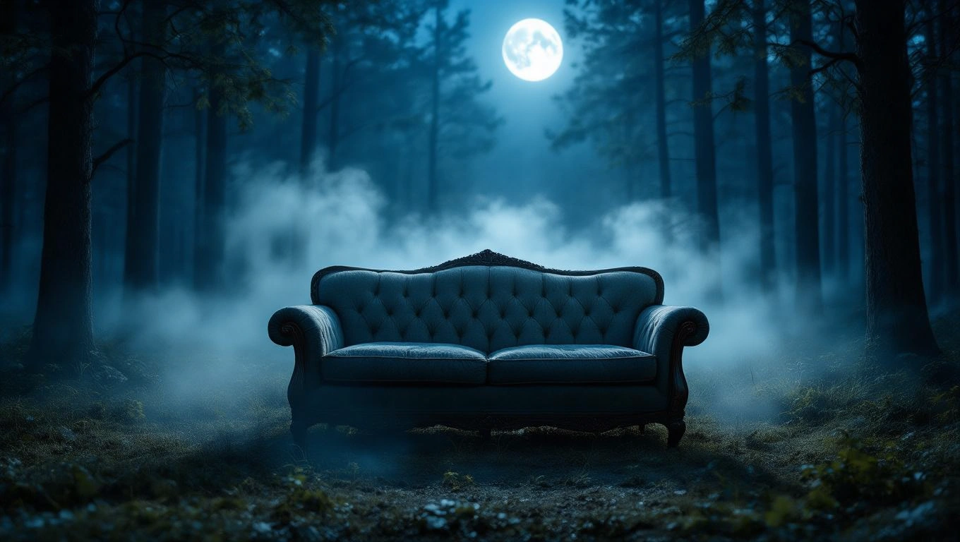 Eine elegante Couch steht allein im nebligen Wald unter dem Mondlicht.