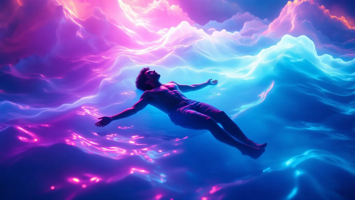 Ein Mann schwebt entspannt in einer surrealen, bunten Traumlandschaft.