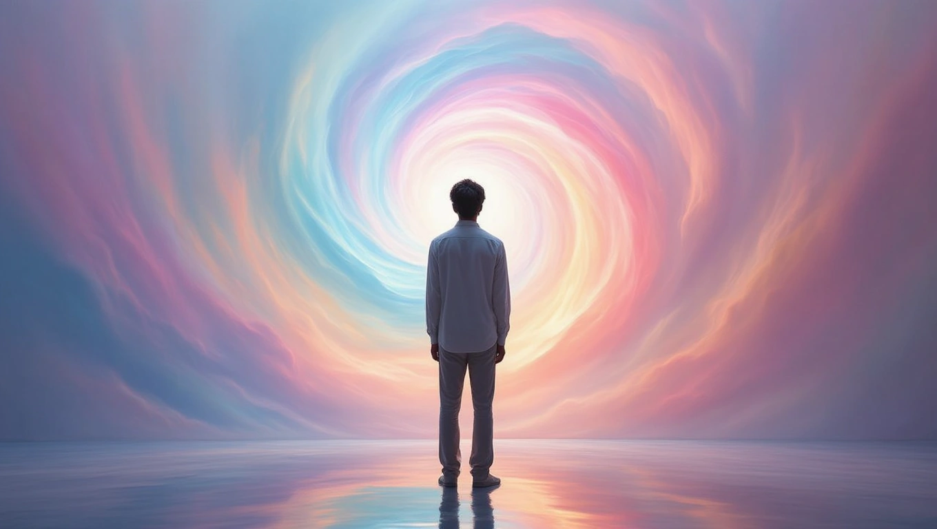 Ein Mensch steht vor einem spiralförmigen, bunten Lichtwirbel.