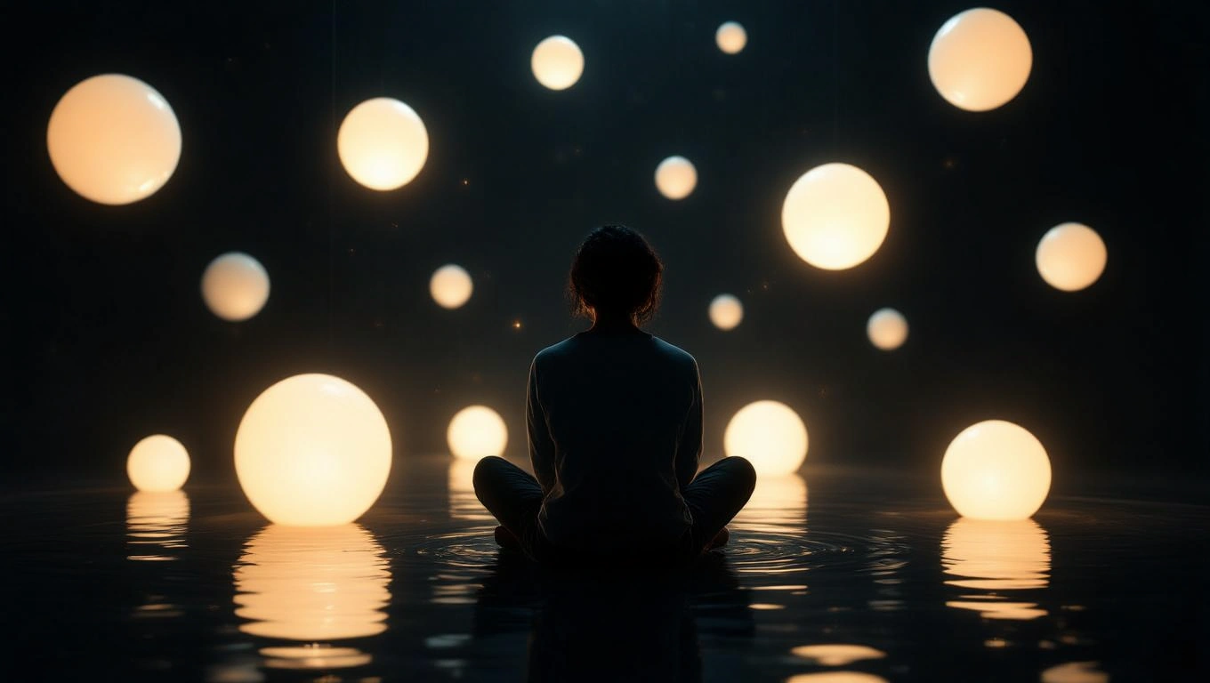 Eine Person sitzt meditierend im Wasser, umgeben von schwebenden, leuchtenden Kugeln.