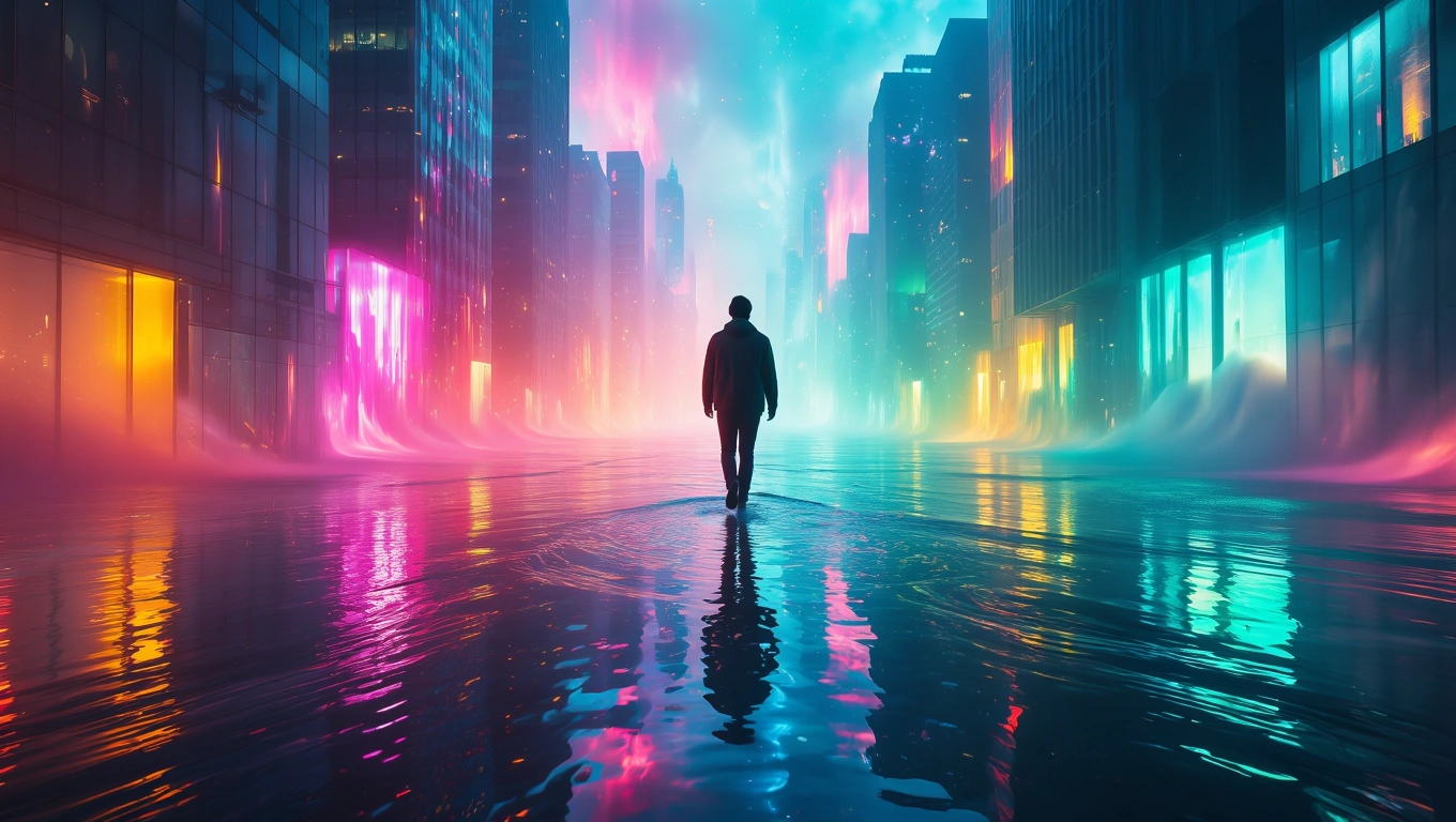 Eine Person geht durch eine futuristische Stadt mit bunten Lichtern und Wasserreflexionen.