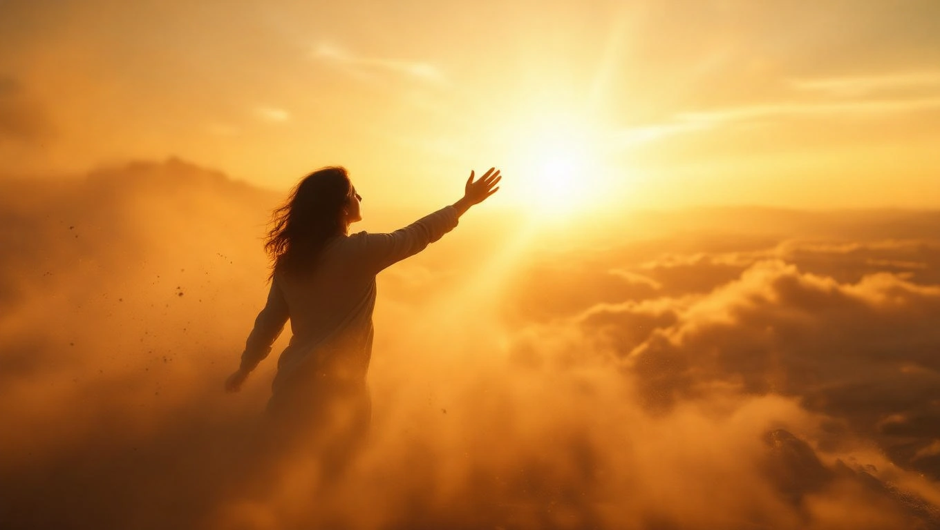 Eine Person steht in der Dämmerung und streckt die Hand nach der Sonne aus.