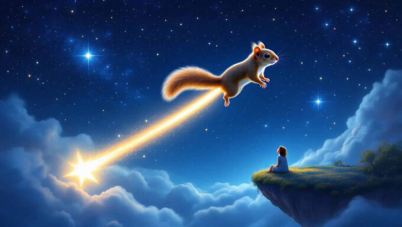 Ein Eichhörnchen springt durch den Nachthimmel, umgeben von Sternen.