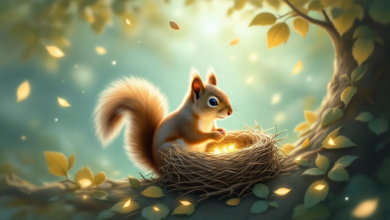 Ein Eichhörnchen sitzt in einem Nest und hält glänzende Nüsse.