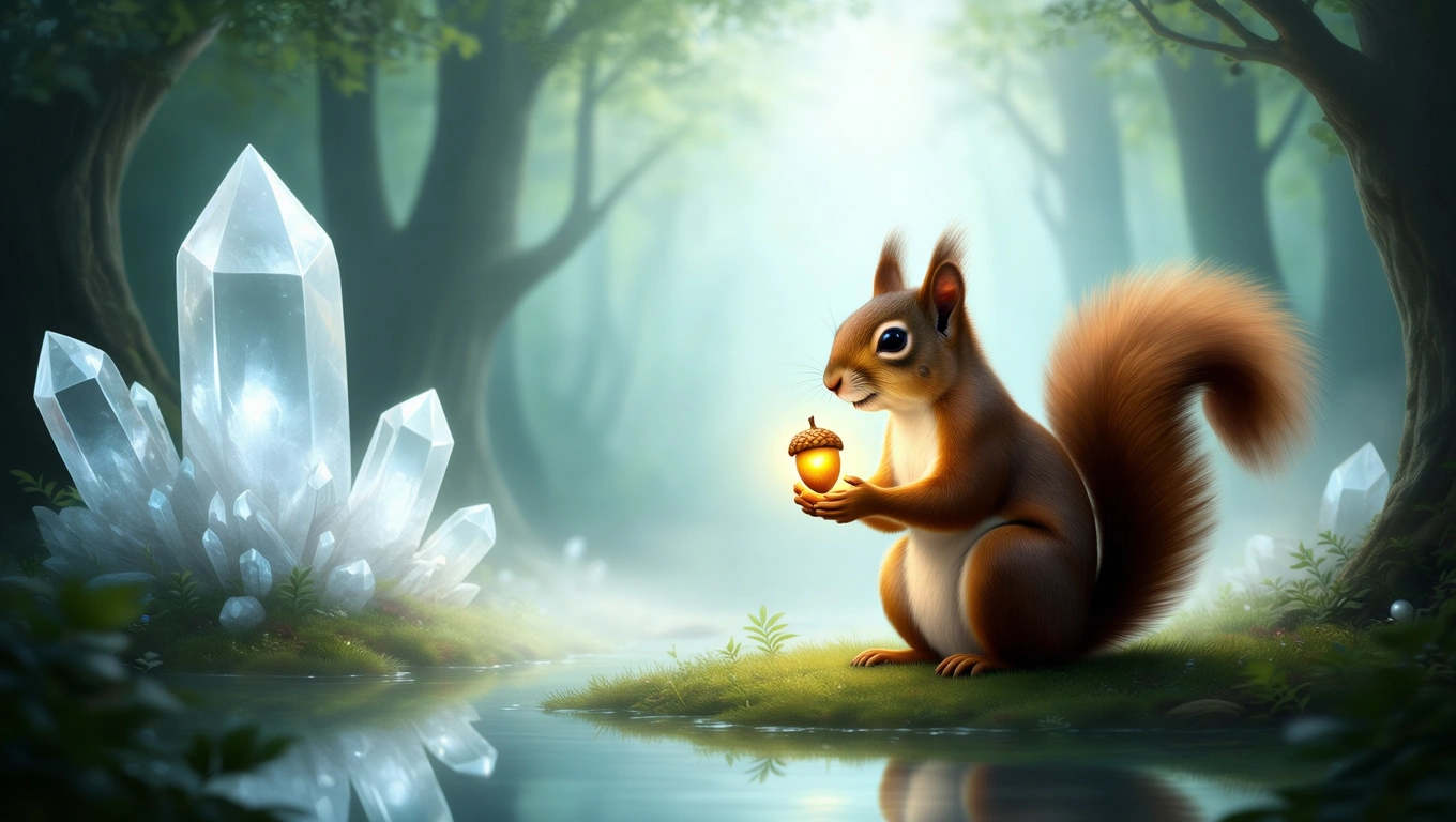Ein Eichhörnchen hält eine Eichel in einer mystischen Waldszene mit Kristallen.