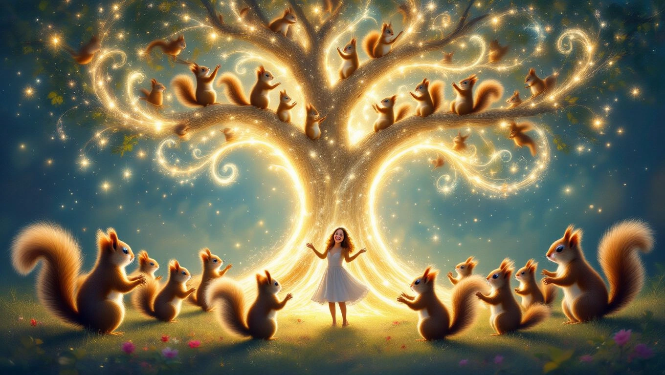 Ein Mädchen tanzt um einen leuchtenden Baum, umgeben von fröhlichen Eichhörnchen.