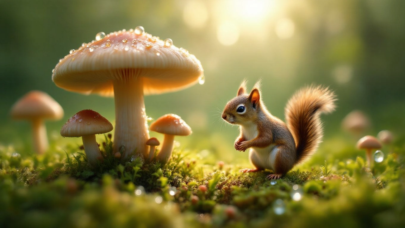 Ein Eichhörnchen steht neben kleinen Pilzen in einer grünen, sonnigen Umgebung.