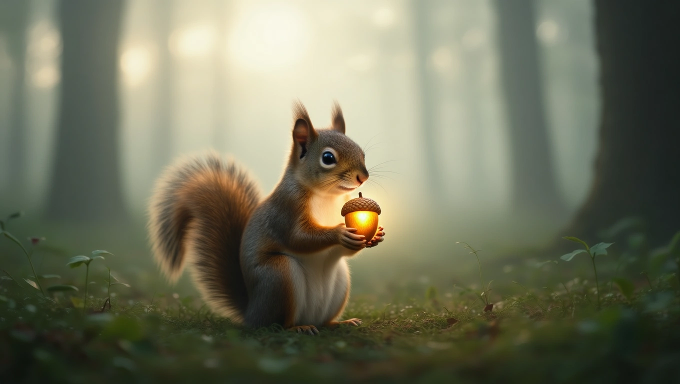 Ein Eichhörnchen hält eine leuchtende Eichel in einem nebligen Wald.