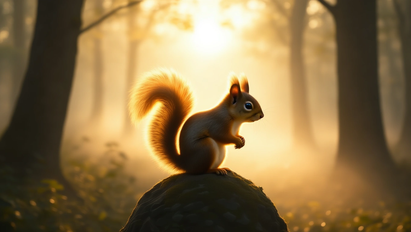 Ein Eichhörnchen sitzt auf einem Stein im Wald, umgeben von sanftem Licht.