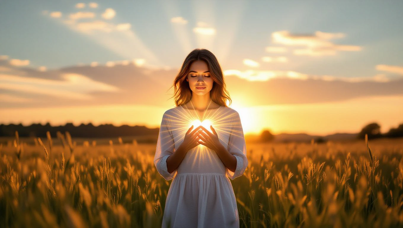 Eine Frau in einem Feld hält ein leuchtendes Licht in ihren Händen.