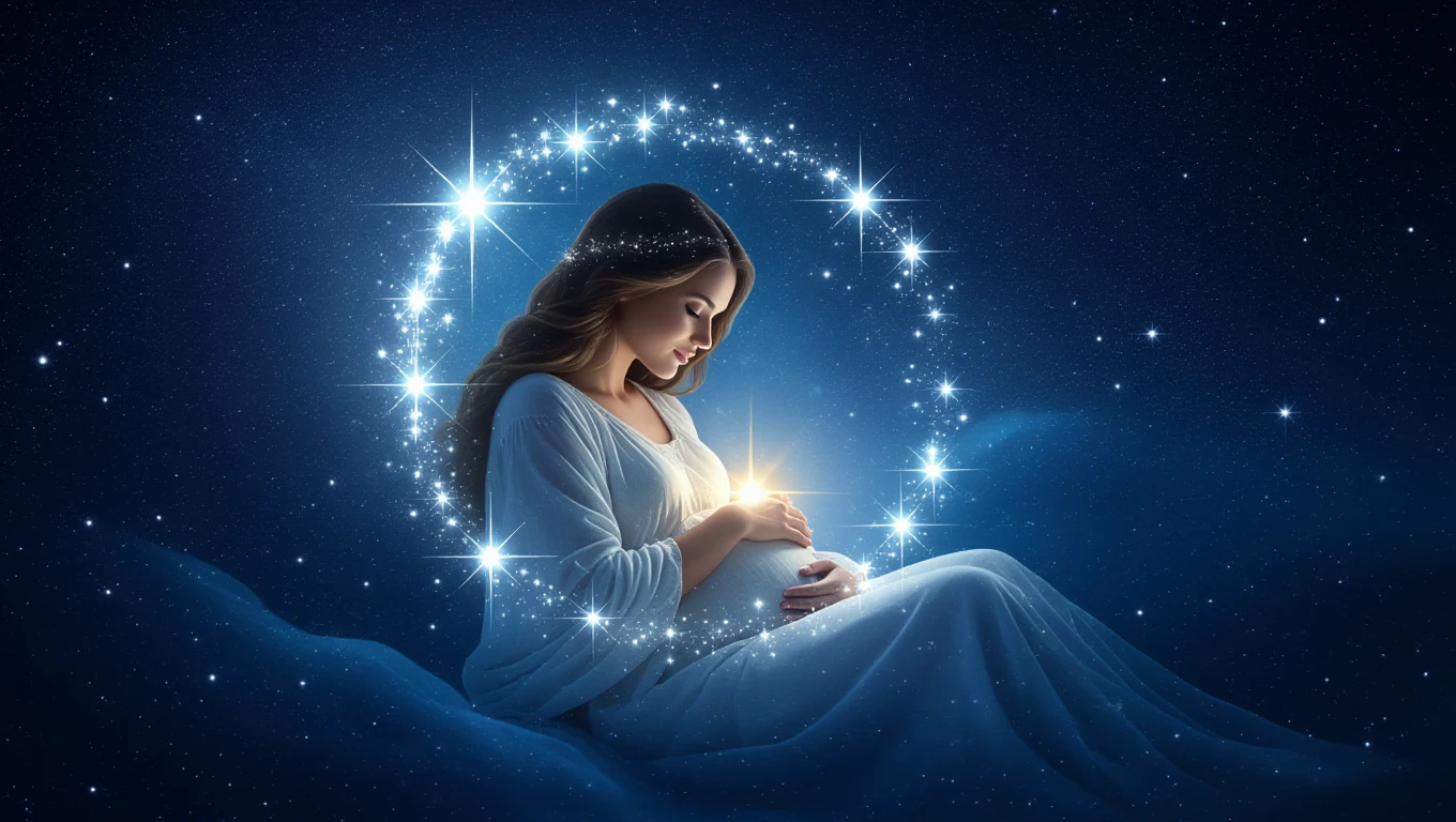 Eine schwangere Frau sitzt in einem Sternenhimmel und hält ihren Bauch.