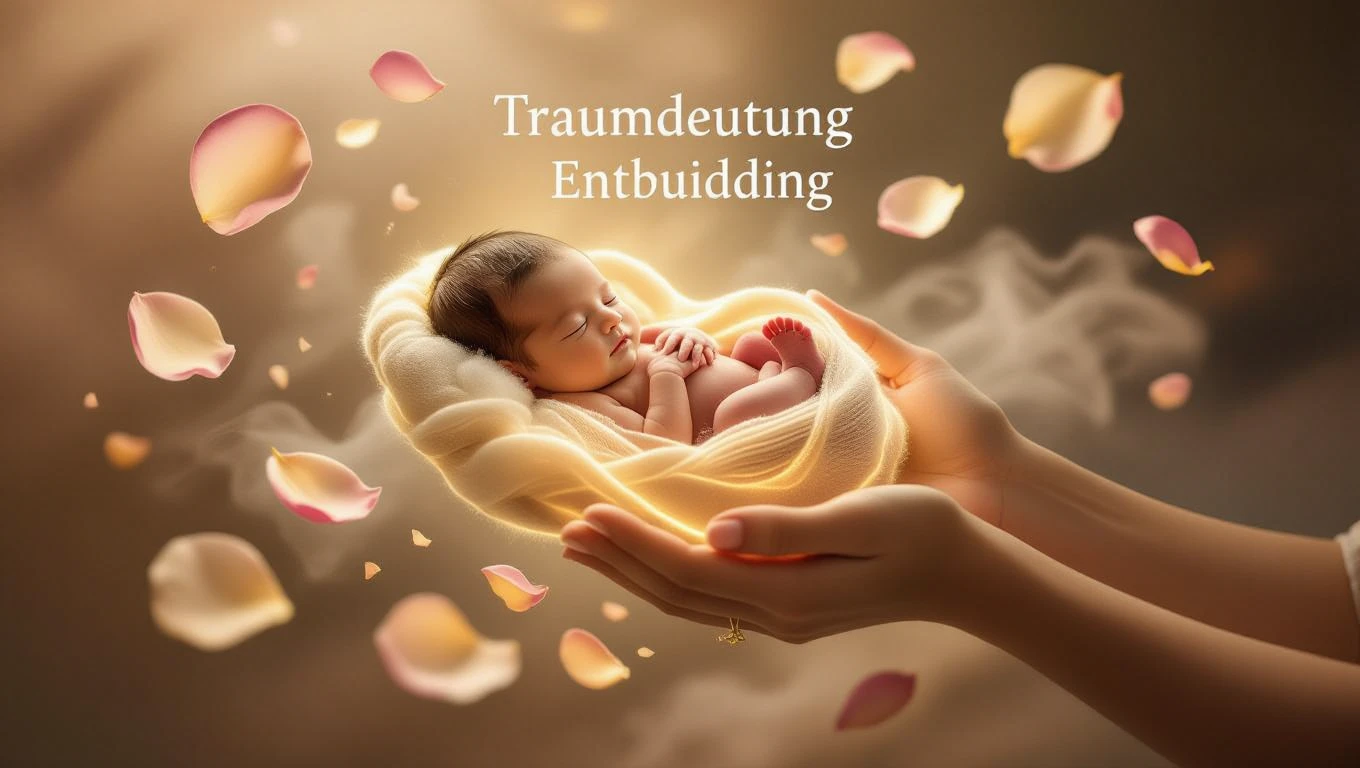 Ein schlafendes Baby in sanften Händen, umgeben von Blütenblättern.