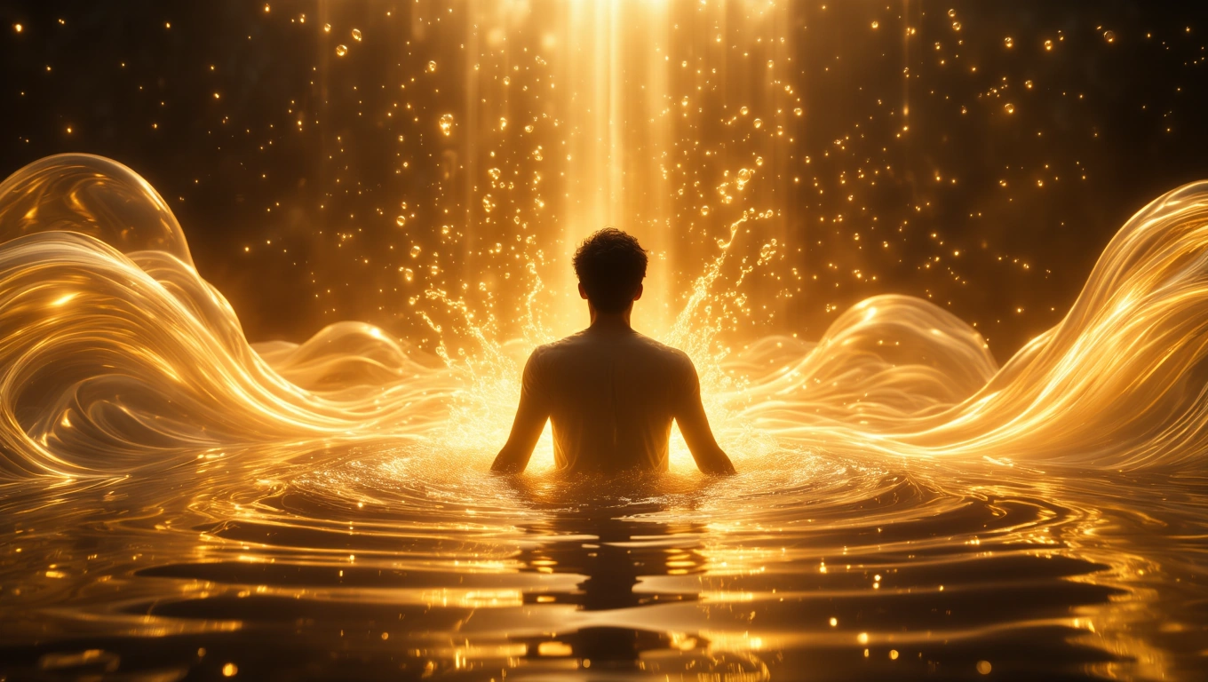 Eine Person steht in goldenem Wasser, umgeben von leuchtenden Wellen und Lichtstrahlen.