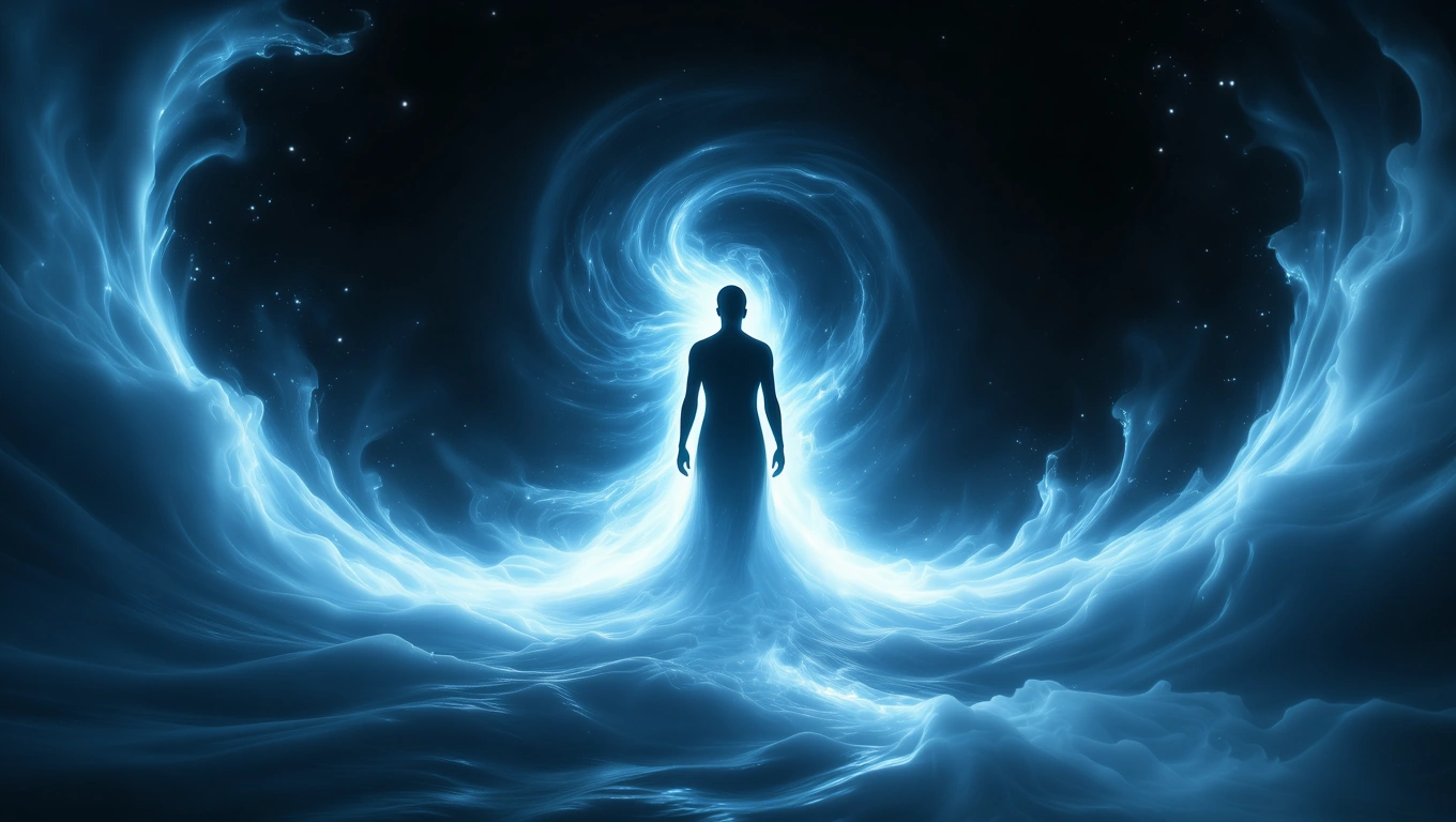 Eine silhouettehafte Figur in einem leuchtenden, spiralförmigen Nebel, der emotionale Transformation symbolisiert.