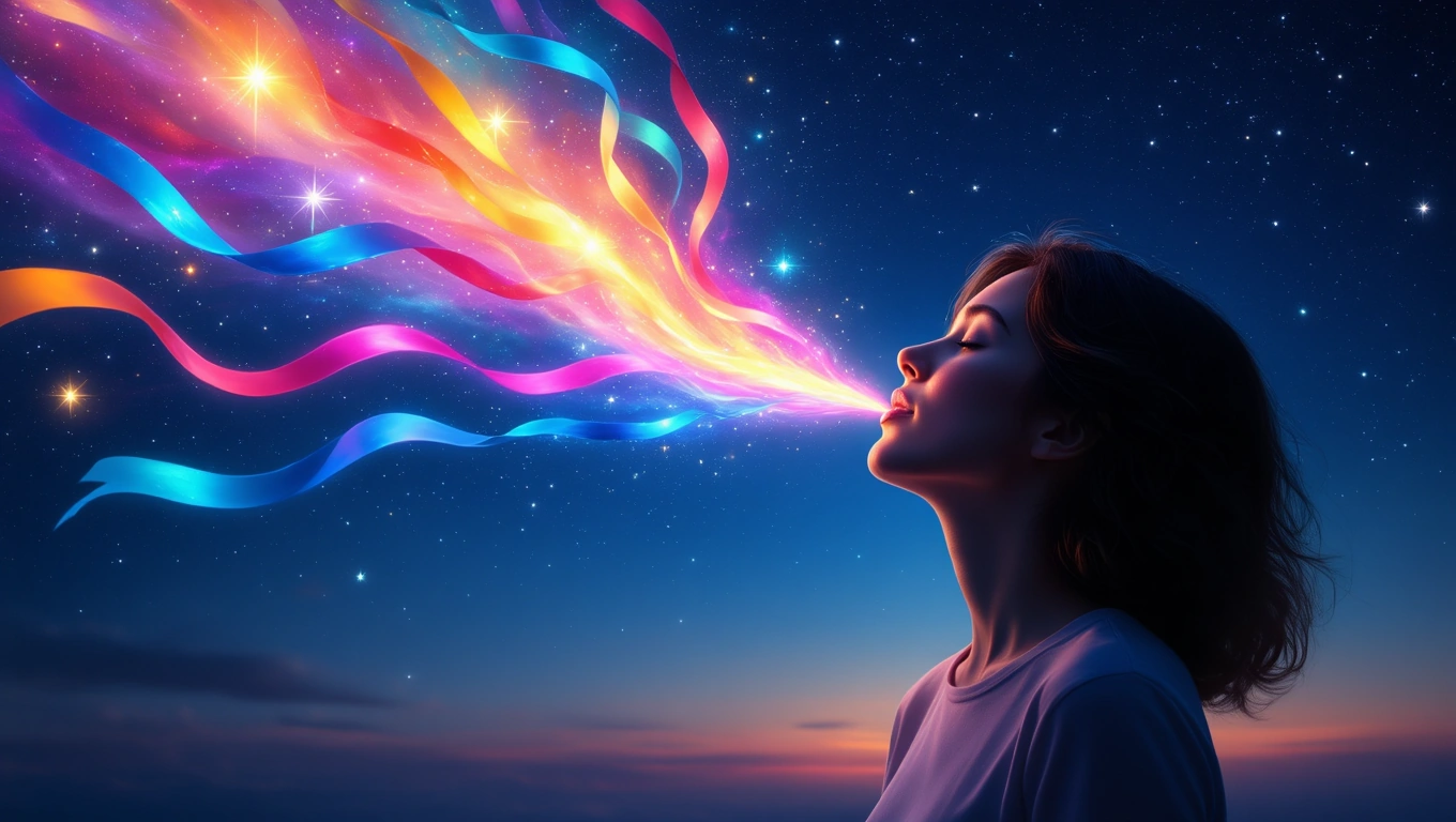 Eine Frau atmet farbenfrohe Energiewellen in den Nachthimmel aus.