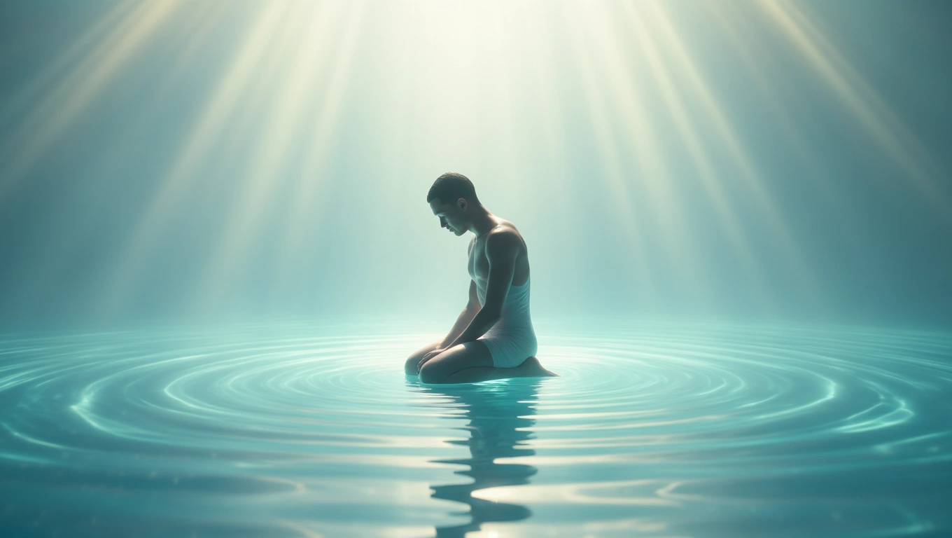 Ein nachdenklicher Mensch sitzt im Wasser und reflektiert über Emotionen.