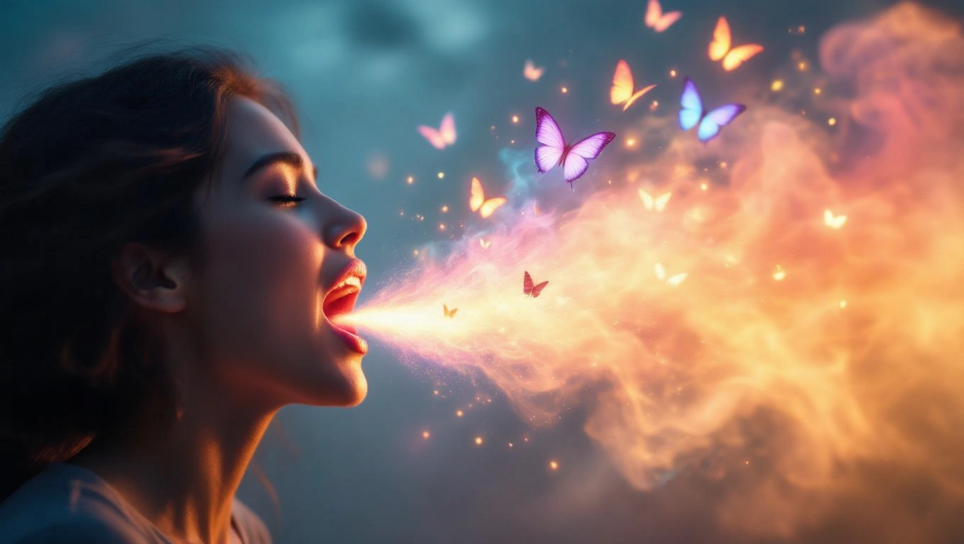 Eine Frau, die aus ihrem Mund bunte Schmetterlinge und Rauch ausstößt.