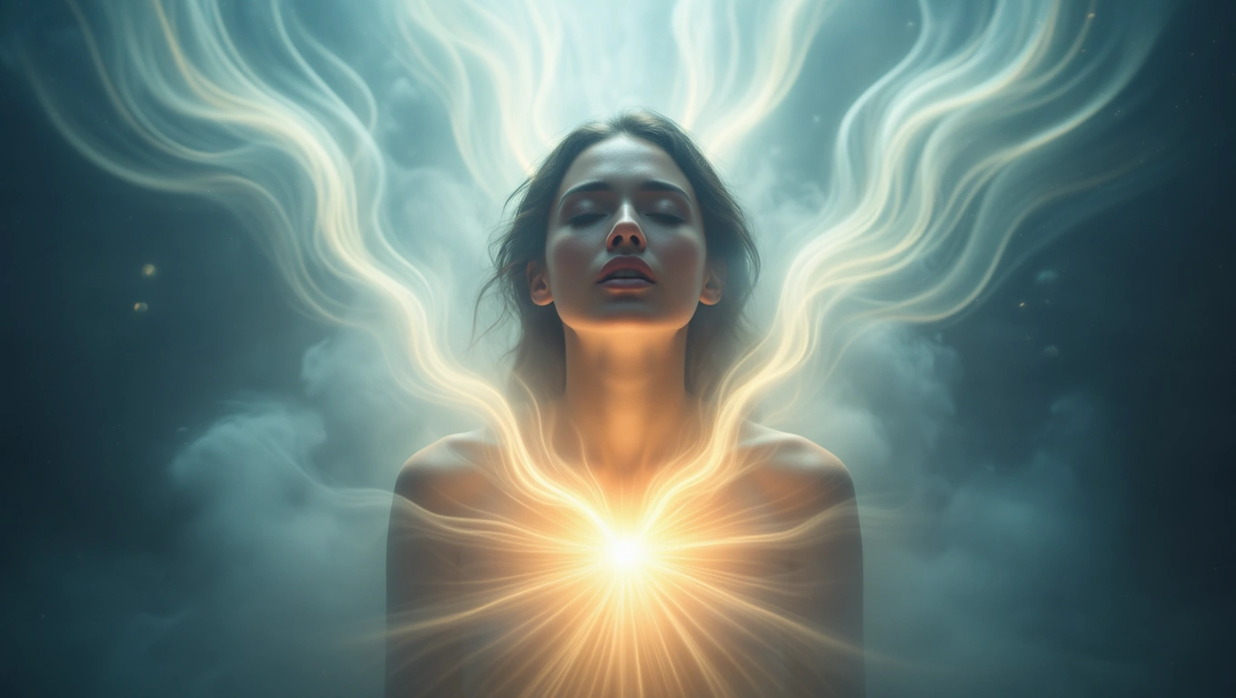 Eine Frau mit geschlossenen Augen, umgeben von leuchtenden Energiewellen.