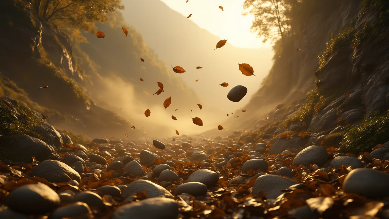Eine malerische Landschaft mit Steinen und herabfallenden Blättern im sanften Licht.