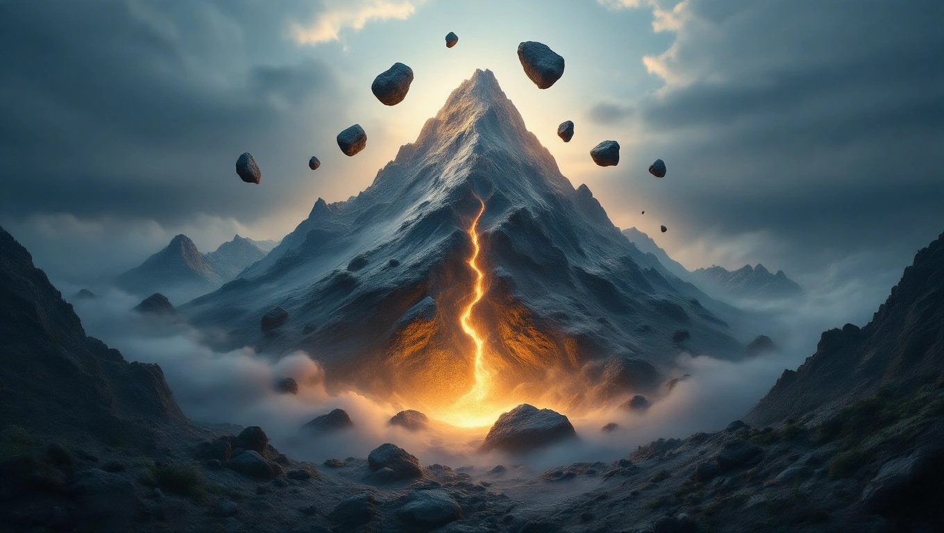 Ein dramatischer Berg mit einem Riss, aus dem Licht strömt, umgeben von schwebenden Steinen.