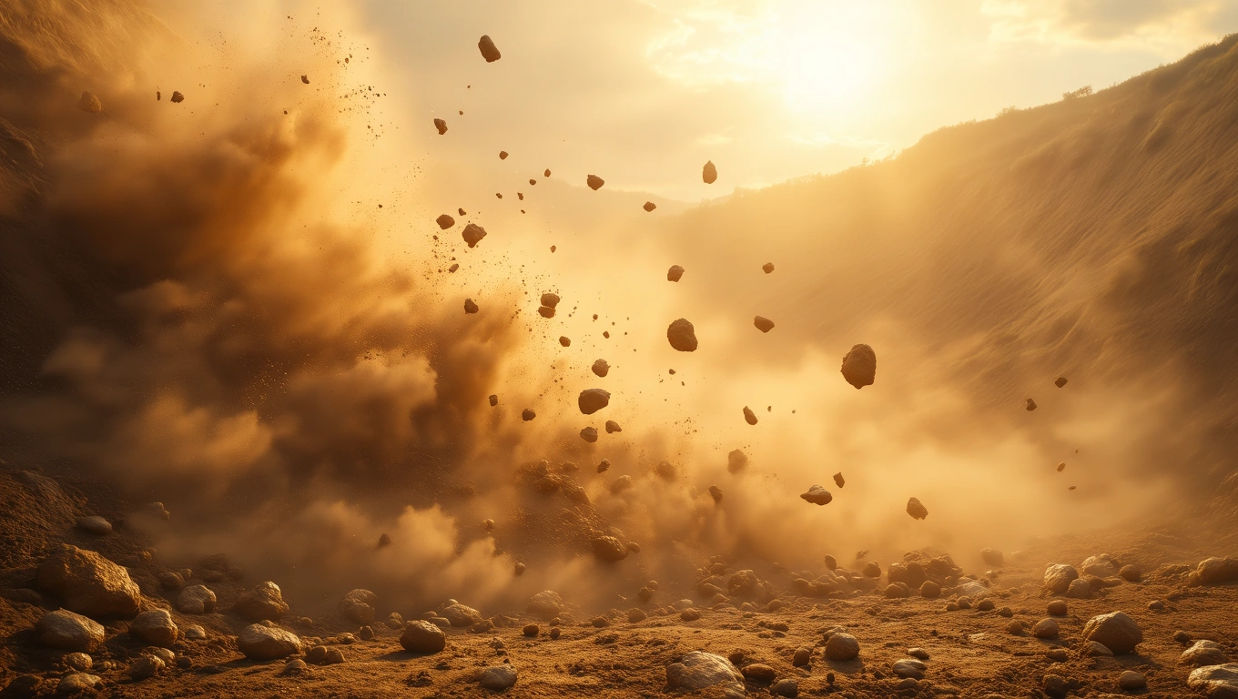 Ein Erdrutsch mit aufwirbelndem Staub und Gestein unter einem Sonnenuntergang.