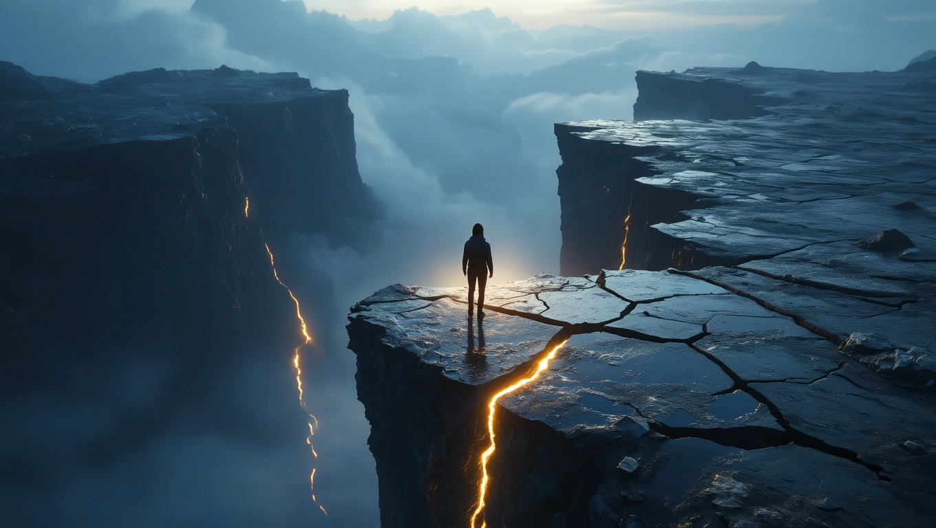 Eine Person steht auf einer zerbrochenen Felslandschaft mit Rissen.