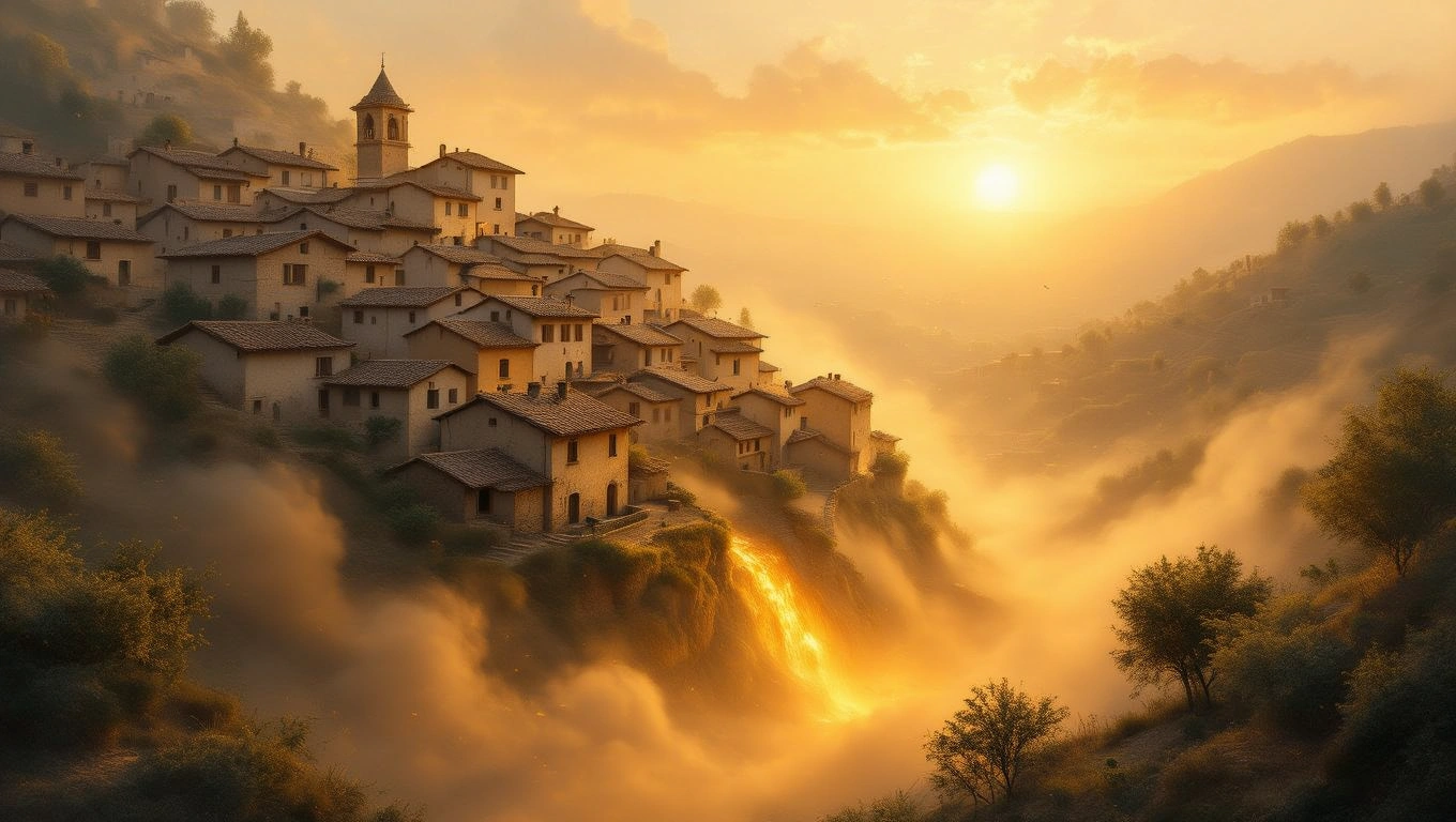 Eine malerische Landschaft mit einem Dorf, das von einem Erdrutsch bedroht wird.