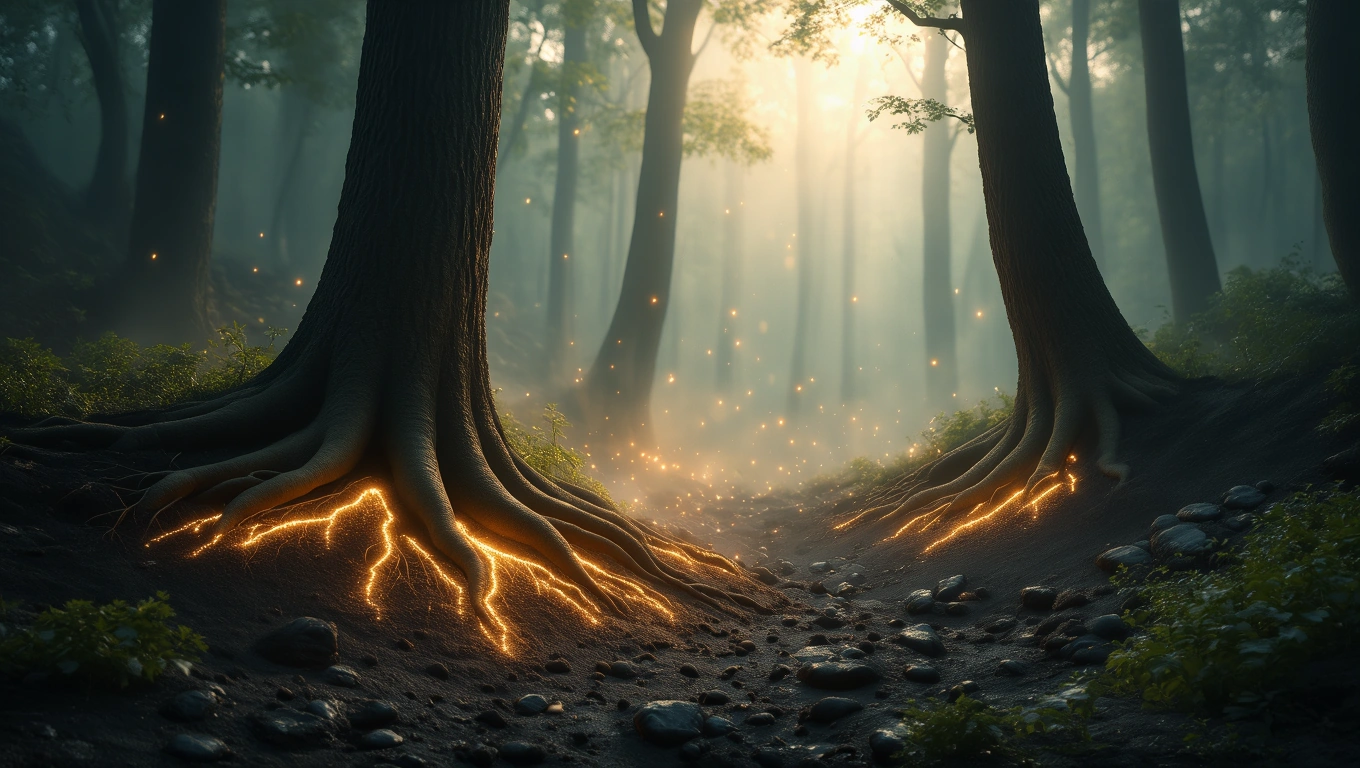 Ein mystischer Wald mit leuchtenden Wurzeln und sanftem Licht.