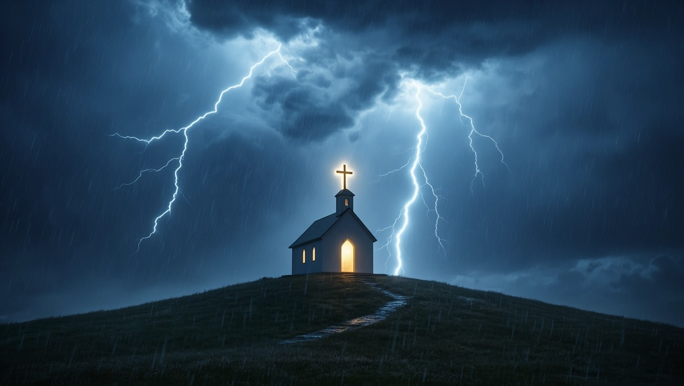 Eine kleine Kirche auf einem Hügel, beleuchtet von einem Gewitterhimmel.