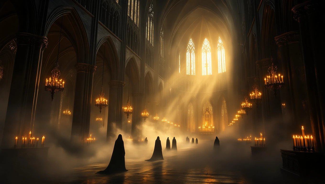 Dunkle Gestalten in einem erleuchteten, nebligen Kirchenraum während eines Exorzismus.