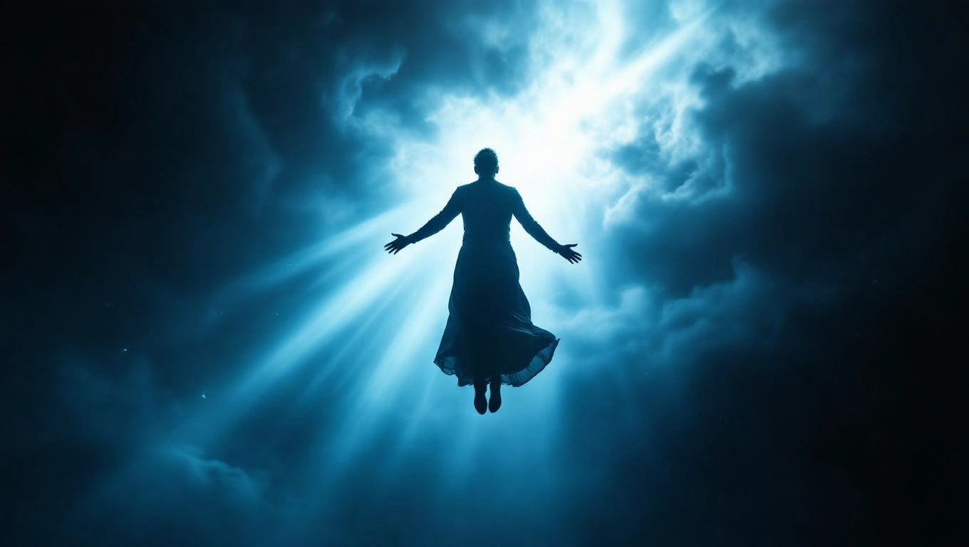 Eine schwebende Figur in einem dunklen, mystischen Raum mit Lichtstrahlen.