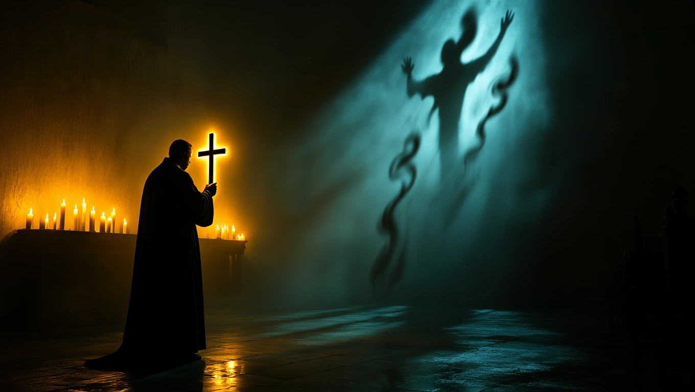 Ein Priester hält ein leuchtendes Kreuz in einem dunklen Raum mit Kerzen.