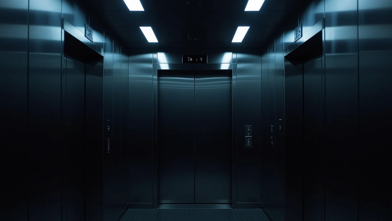 Ein leeres, modernes Fahrstuhlinnere mit geschlossenen Türen und sanfter Beleuchtung.