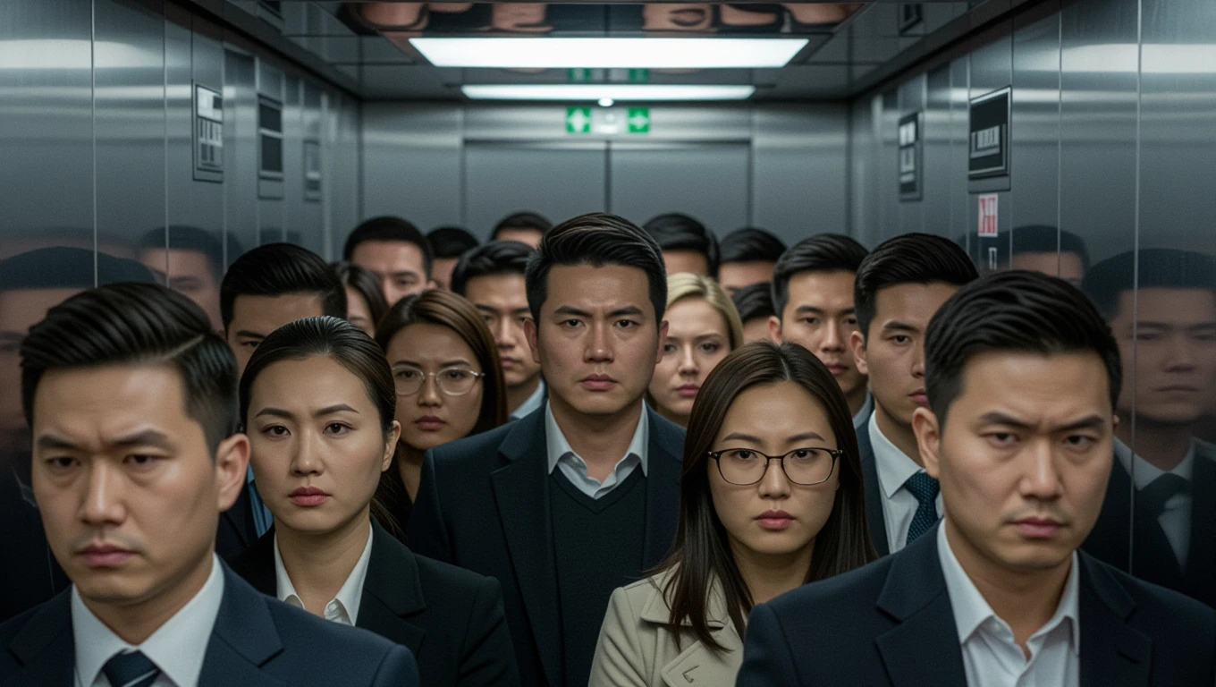 Ein Fahrstuhl voller Menschen, die ernst und konzentriert aussehen.