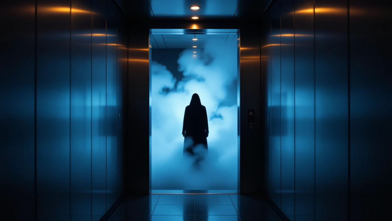 Ein mysteriöser Fahrstuhl mit einer schattenhaften Gestalt im Nebel.