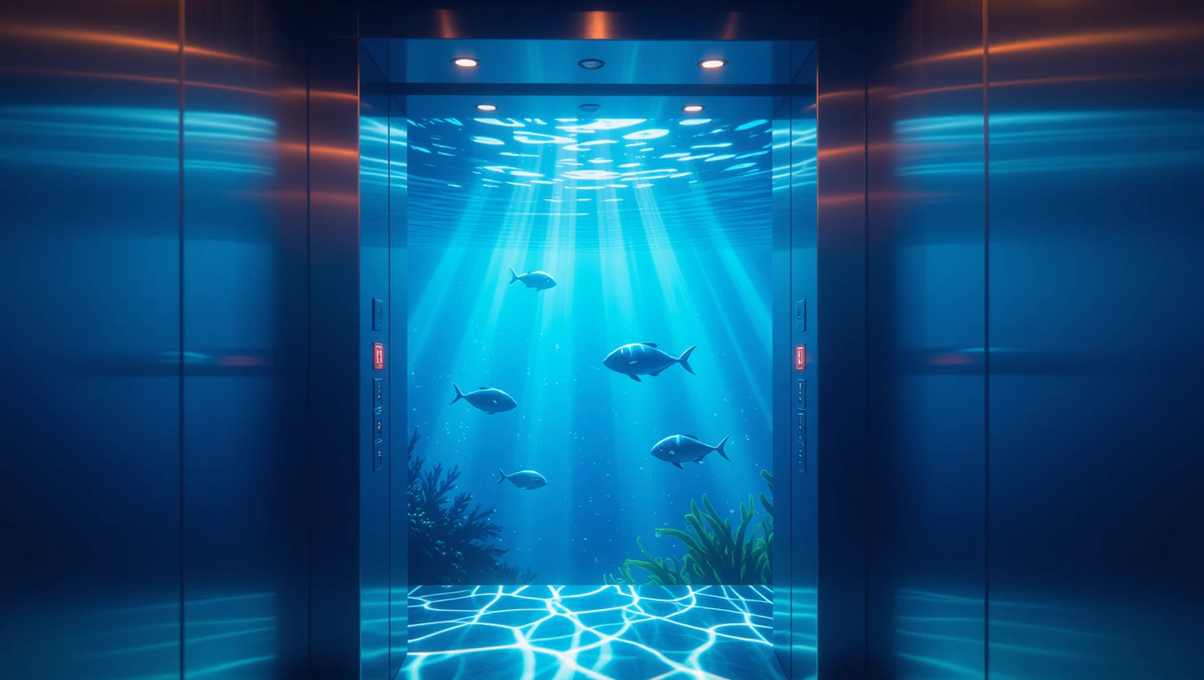 Ein Fahrstuhl, der unter Wasser fährt, umgeben von Fischen und Pflanzen.