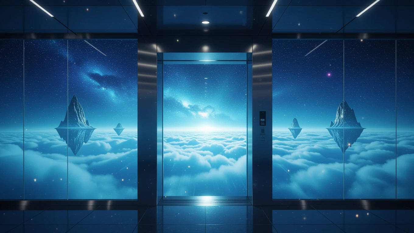 Ein futuristischer Aufzug mit Blick auf schwebende Berge und Wolken im Weltraum.