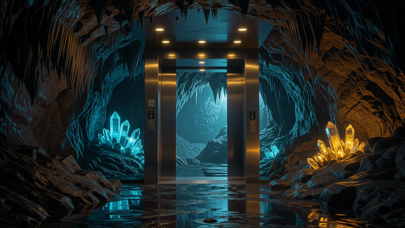 Ein moderner Aufzug in einer mystischen Höhle mit leuchtenden Kristallen.