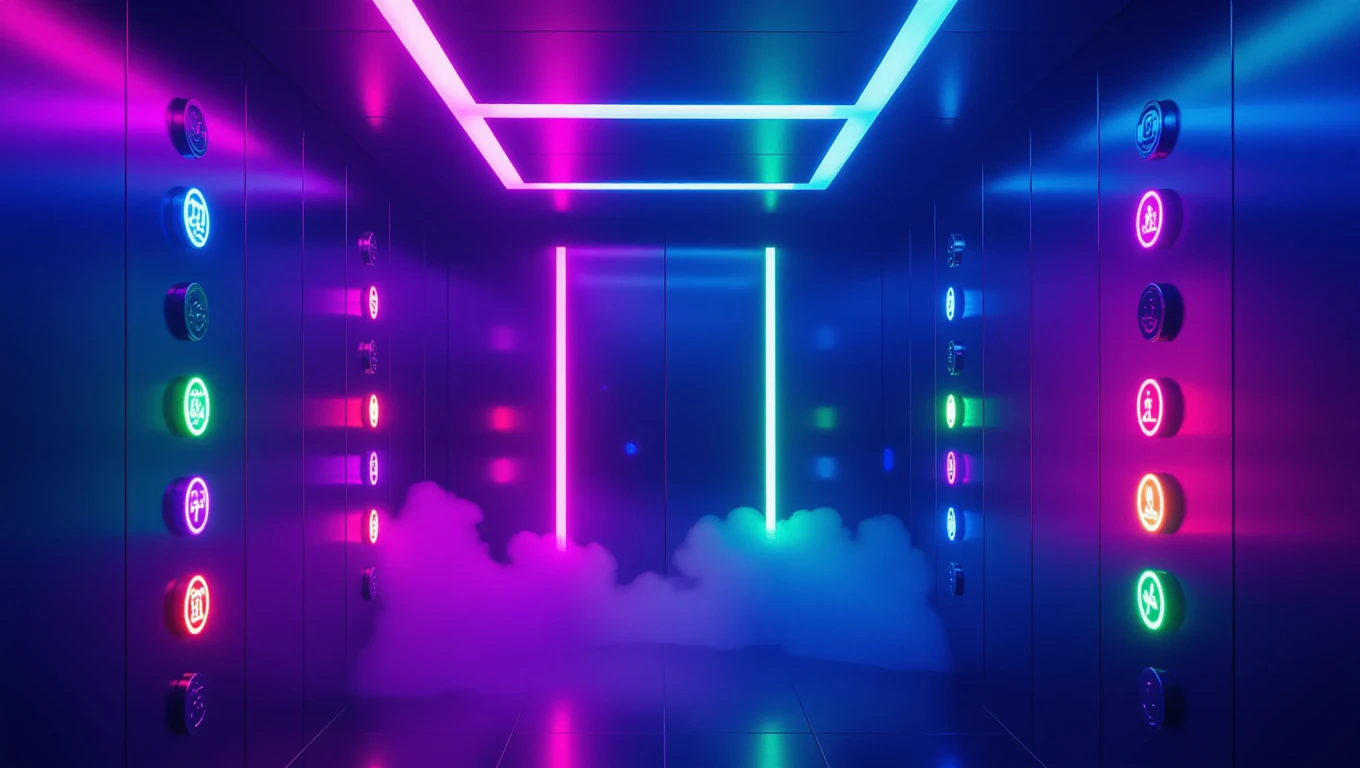 Ein futuristischer Fahrstuhl mit bunten Lichtern und Symbolen an den Wänden.