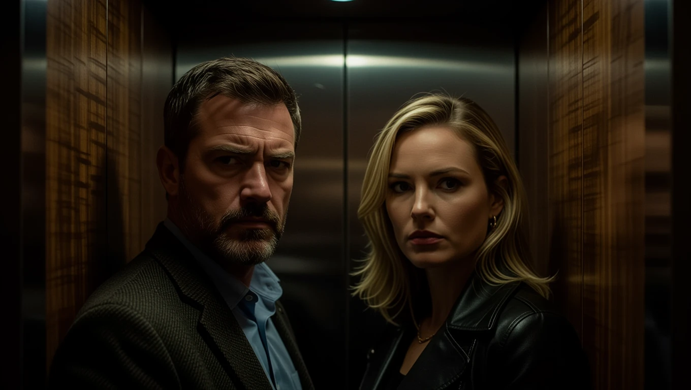 Ein Mann und eine Frau stehen angespannt in einem Fahrstuhl.