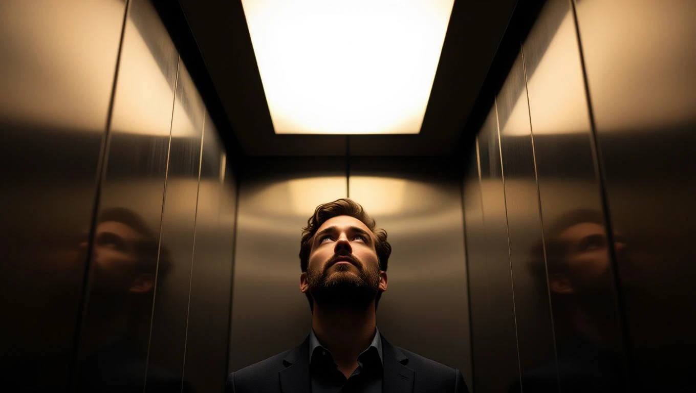 Ein Mann steht in einem Aufzug und schaut nach oben, nachdenklich.