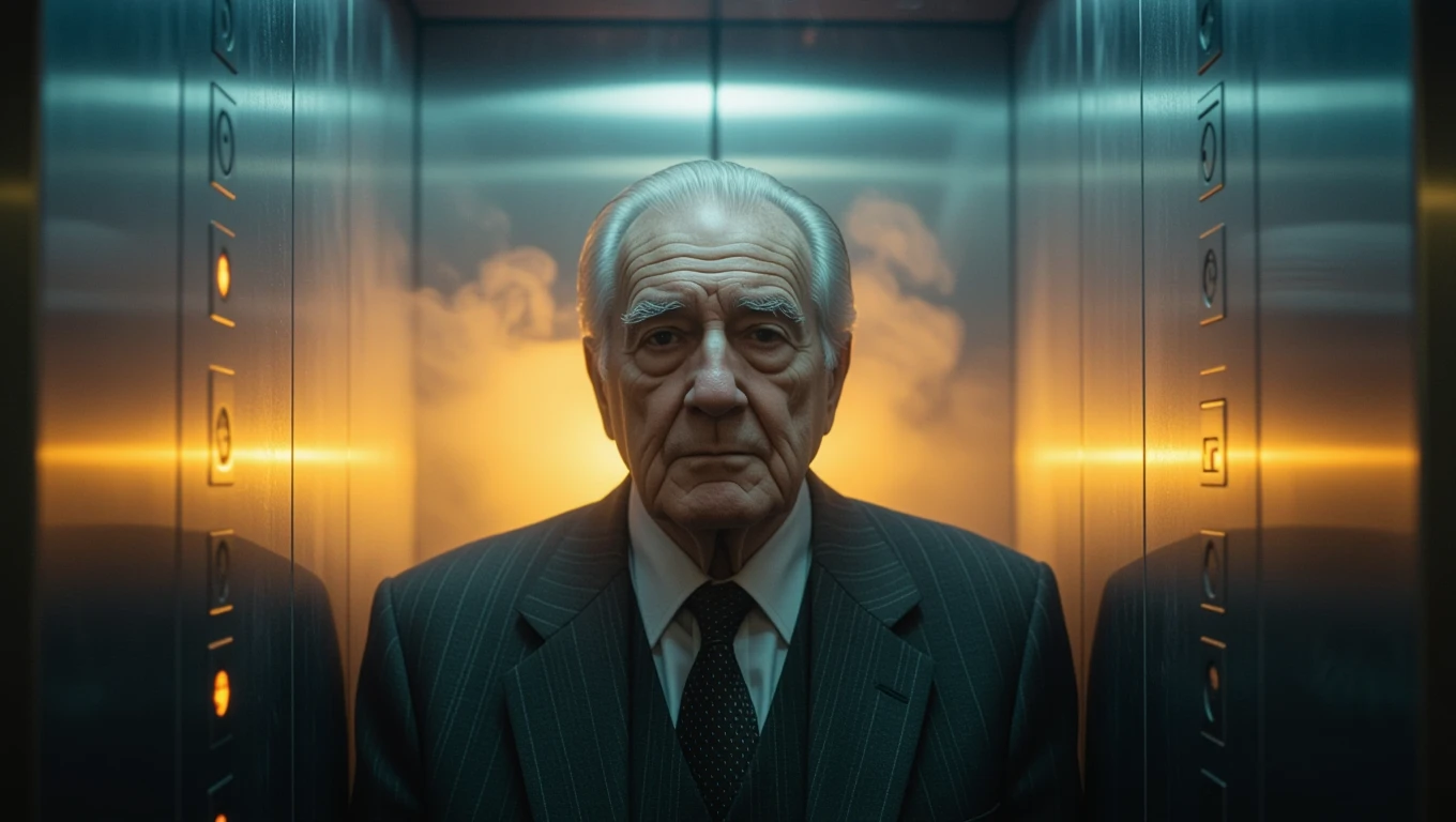 Ein älterer Mann steht in einem Fahrstuhl mit geheimnisvollem Licht.