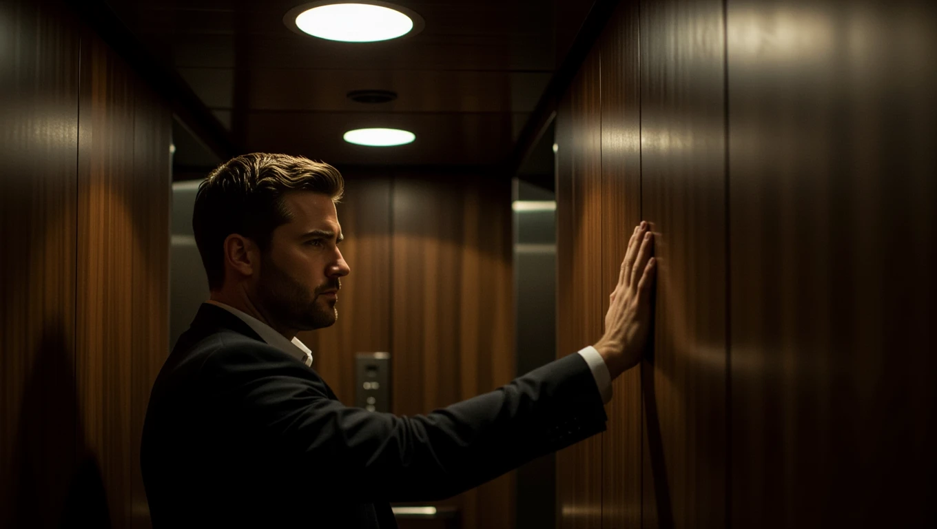 Ein Mann in einem Aufzug, der nachdenklich die Wand berührt.