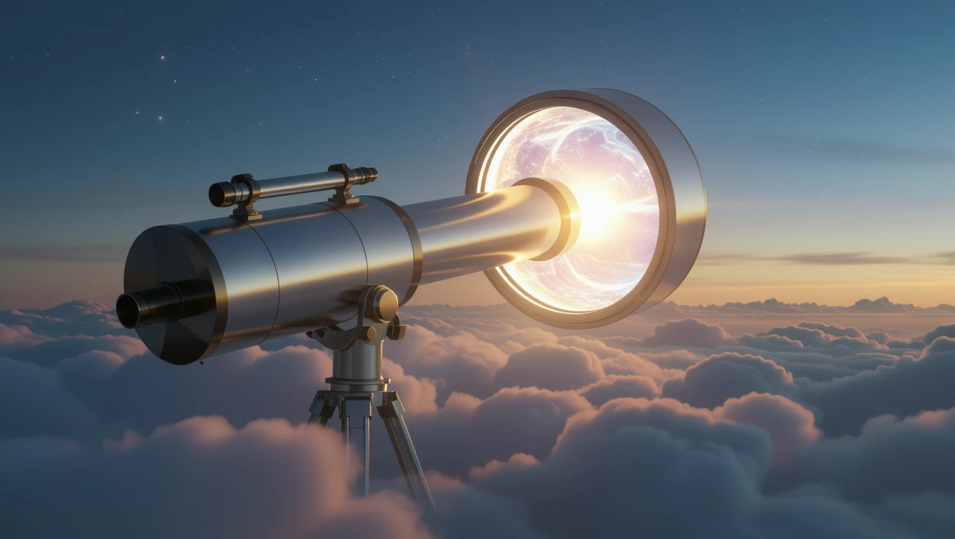 Ein Fernrohr, das auf eine leuchtende Wolkenlandschaft zeigt, symbolisiert Klarheit und Perspektive.